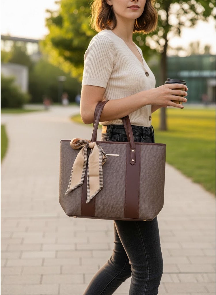 FUMES Coffee Brown Women’s Elegant Panel Tote Handbag with Scarf Detail – Structured Premium Shoulder Bag - Image 3